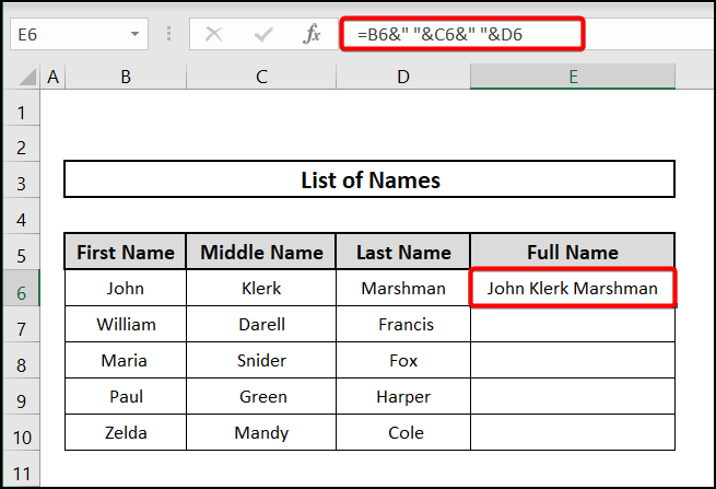Applying ampersand to concatenate multiple cells with space in Excel