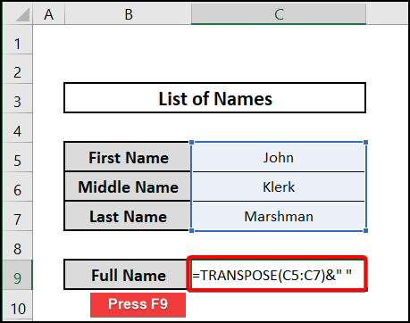 Applying TRANSPOSE function to concatenate multiple cells with space in Excel