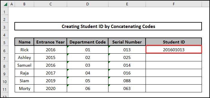 Concatenated Outcome after using formula