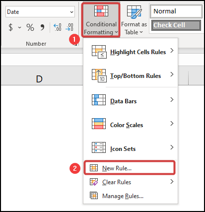 selecting new rule for conditional formatting dates overdue in excel