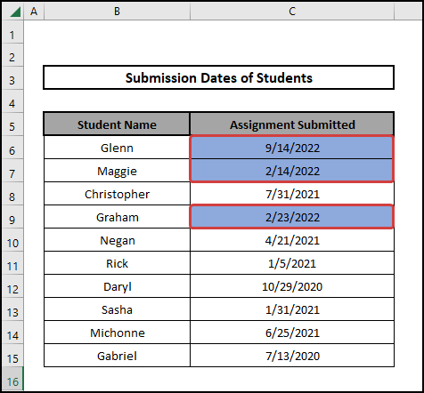 due dates highlighted with formula