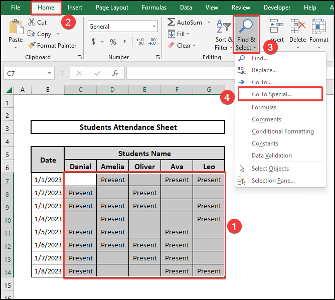 Accessing Go to Special to Fill Blank Cells with Text