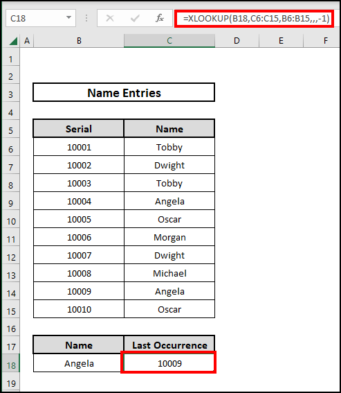 XLOOKUP function to find the last occurrence of a value in a column in Excel