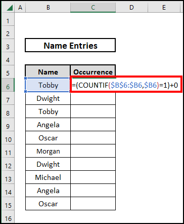 COUNTIF function to find the first occurrence of a value in a column in Excel