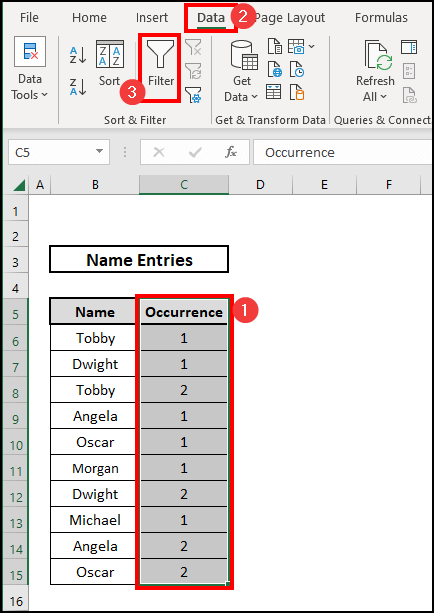 Filtering to find the first occurrence of a value in a column in Excel