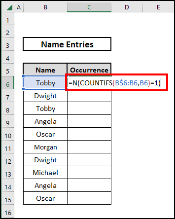 COUNTIFS function to find the first occurrence of a value in a column in Excel