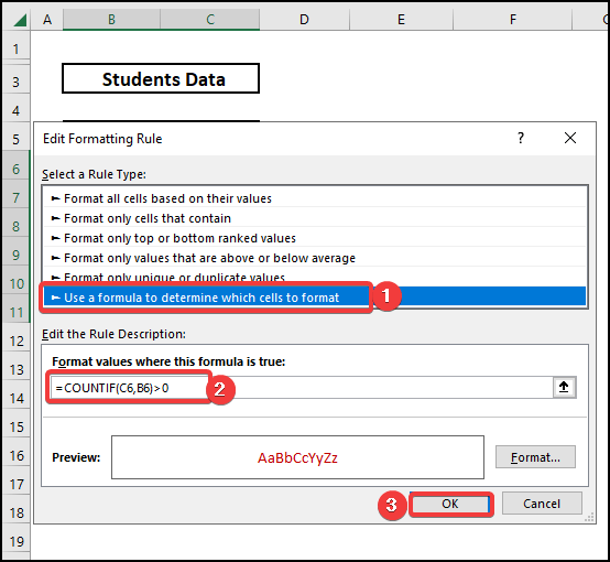Using COUNTIF function excel formula to change text color based on value