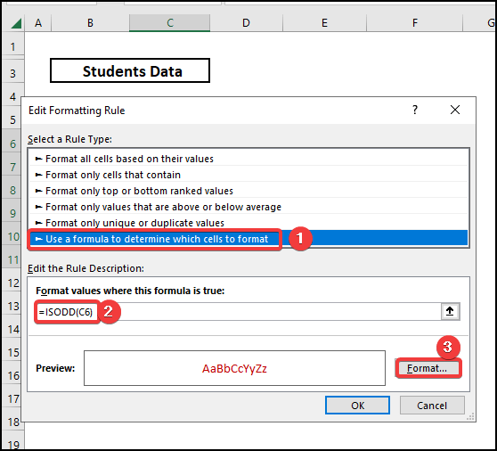 Using ISODD function excel formula to change text color based on value