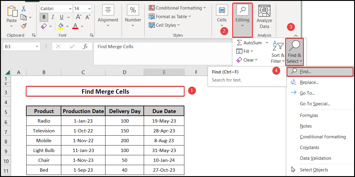 Using the Find & Select option to find merged cells