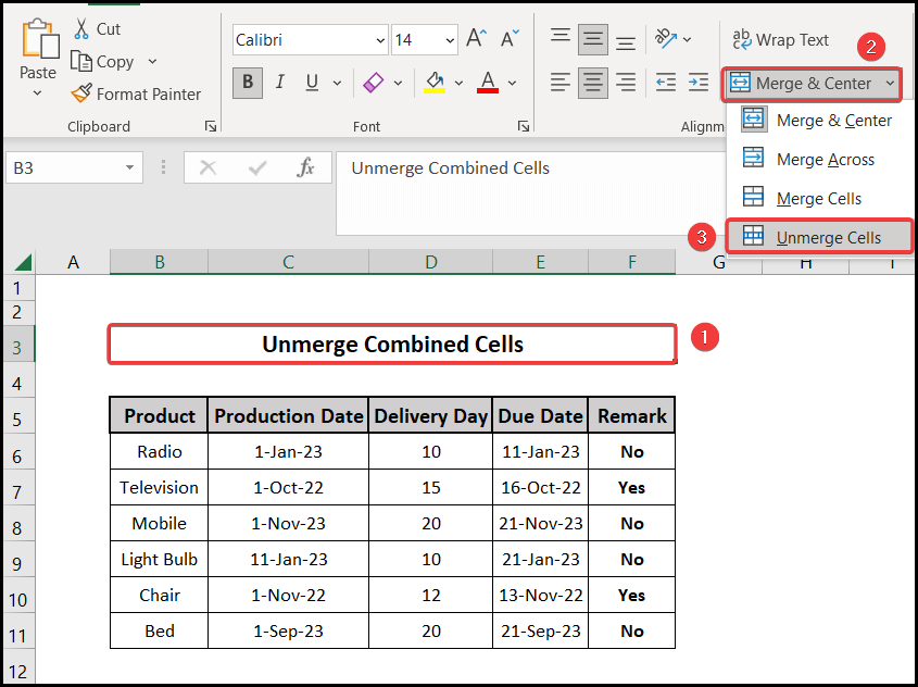 Unmerge combined cells using Merge & Center tool