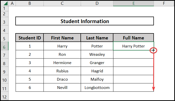 Fill Handle tool in excel formula to combine cells
