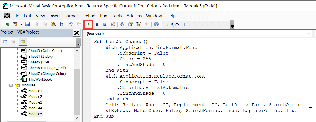 excel if font color is red then changing font color VBA code