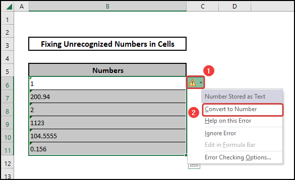 excel not recognizing numbers in cells using caution sign error sign 