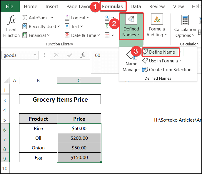 Selecting define name feature