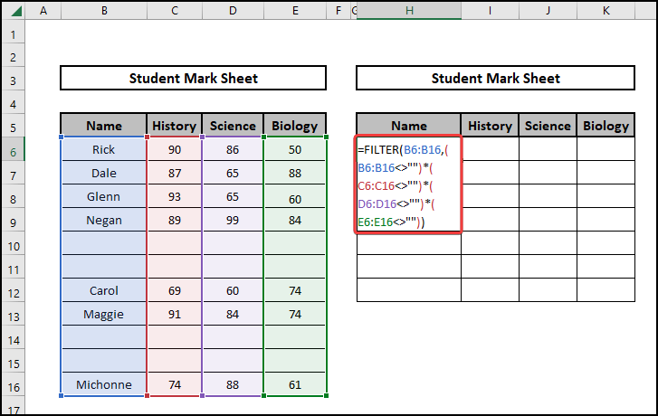 Using the filter function to excel remove blank rows using formula