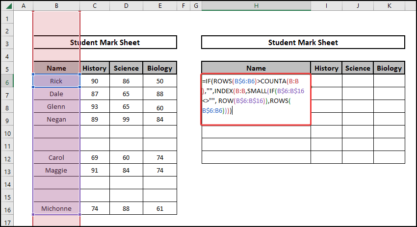USing IF ROWS COUNTA INDEX ROW and SMALL function to excel remove blank rows using formula
