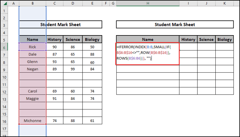 excel remove blank rows formula using IFERROR INDEX SMALL IF ROW and ROWS functions