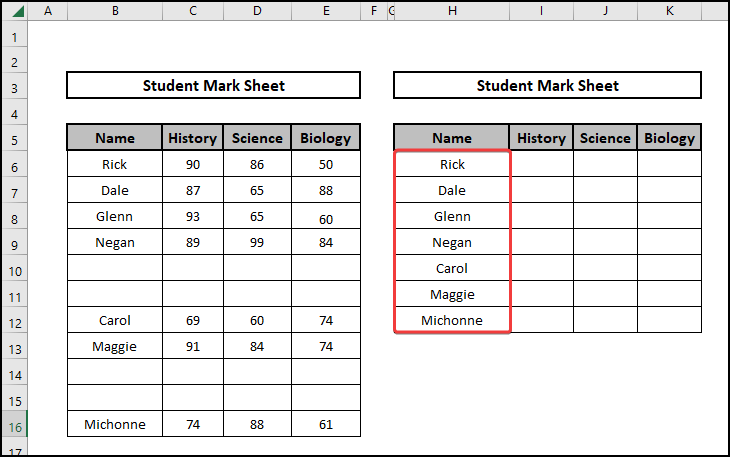 Results for the Filter function to create a new table