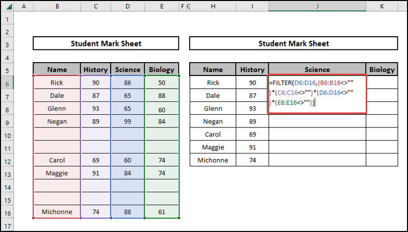 Using the filter function to excel remove blank rows using formula