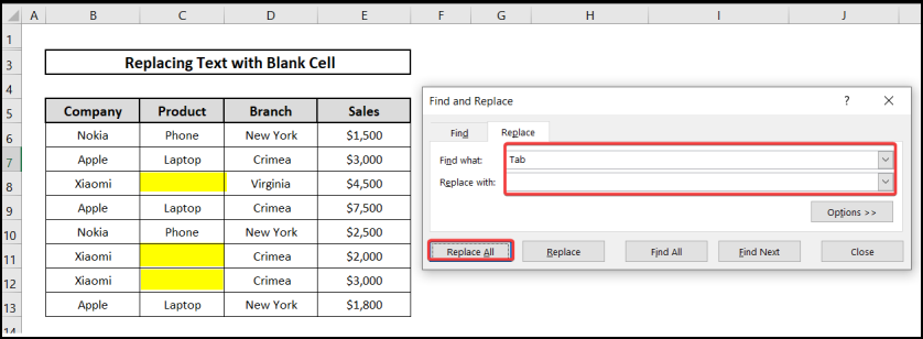 Overview of how to replace text with blank cell in Excel.