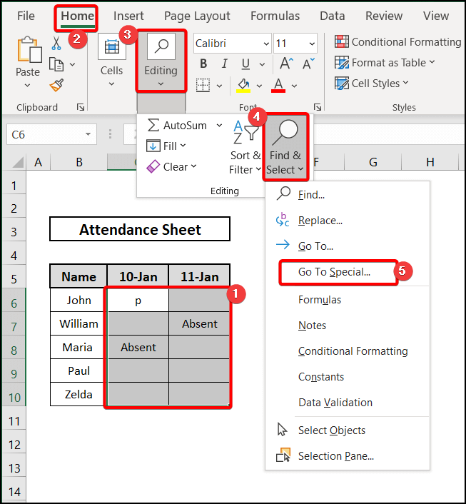selecting go to special feature in excel