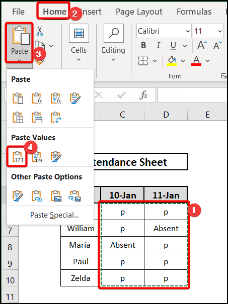 pasting values in blank cells