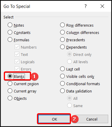 go to special particulars for selecting blank values
