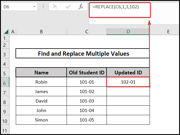 Using the REPLACE function in Excel to Find and Replace Multiple Values