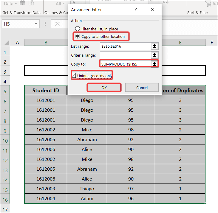 copy unique values to another location