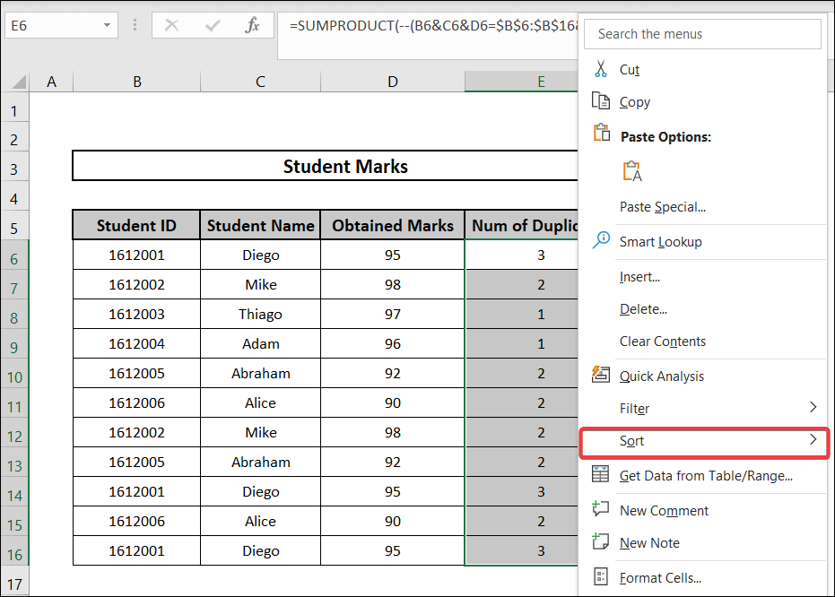 Applying SUMPRODUCT function to group duplicates in excel.