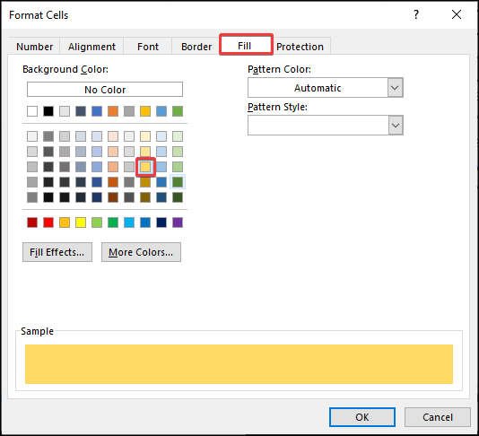 Fill color in the Format Cells box