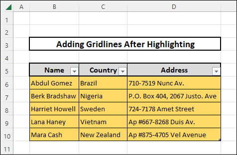 Adding Gridlines to highlighted cells by using Format as Table option