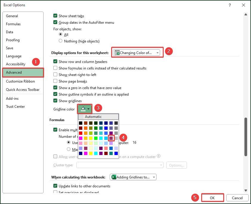 Changing the gridline color from Excel Options