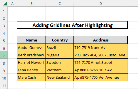 Gridlines added from Format Cells option