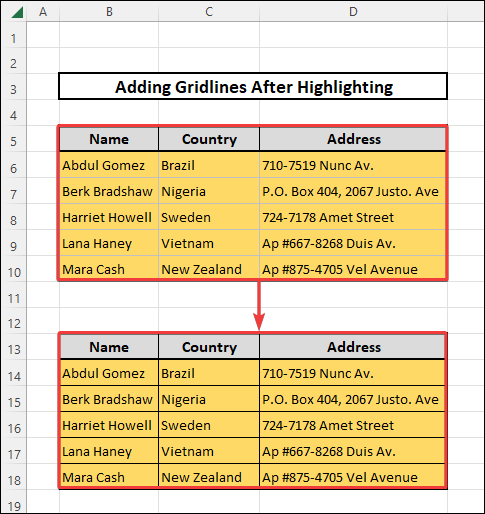 Overview of how to add gridlines in Excel after highlighting