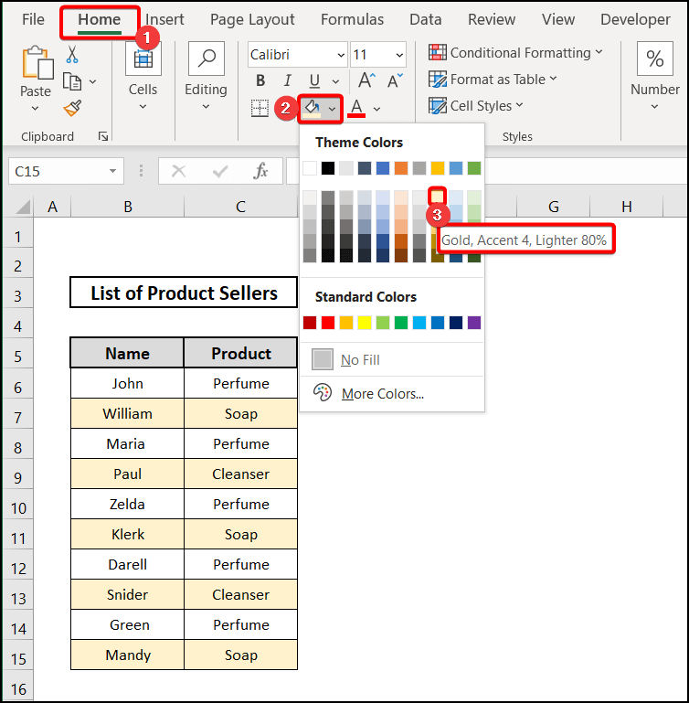Selecting Fill Color option to alternate row colors in excel without table
