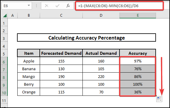 Dragging down the formula to calculate accuracy percentage in excel