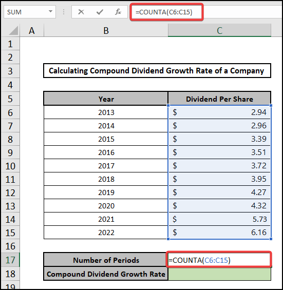 counting phase to calculate dividend growth rate using COUNTA function