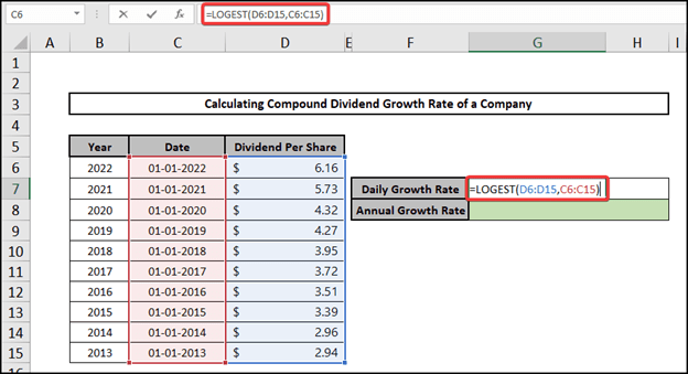 calculating daily dividend growth rate in excel using LOGEST function
