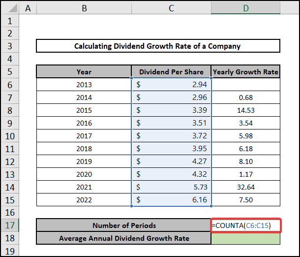 Counting phase to calculate dividend growth rate in excel