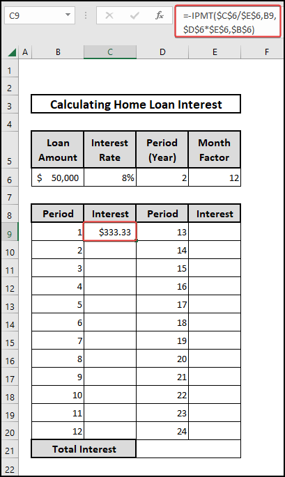 Use of IPMT function to calculate interest for the first period