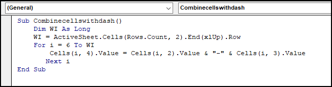 Code to Combine Two Cells with a Dash