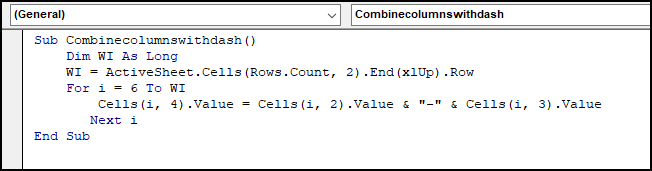Code to Combine Two columns with a Dash