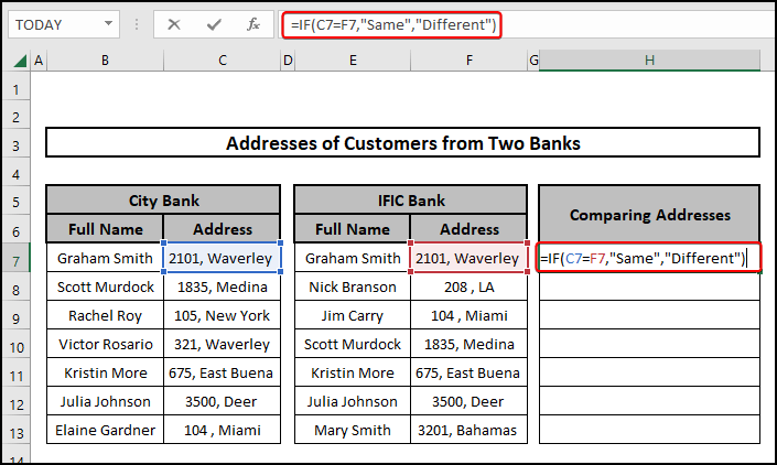 how to compare addresses in excelusing IF function