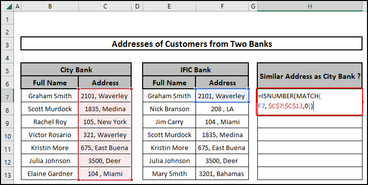 how to compare addresses in excel ISNUMBER and MATCH functions