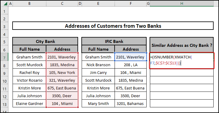 how to compare addresses in excel using ISNUMBER and XMATCH function