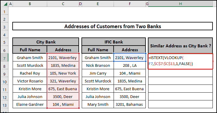 how to compare addresses in excel using ISTEXT VLOOKUP function 