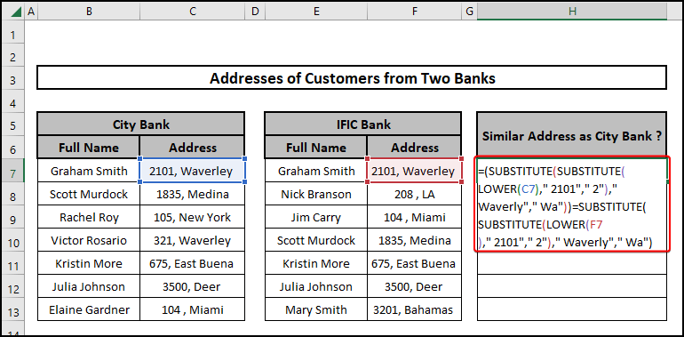 how to compare addresses in excel using combination of SUBSTITUTE function