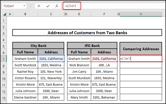 how to compare addresses in excel using equal operator