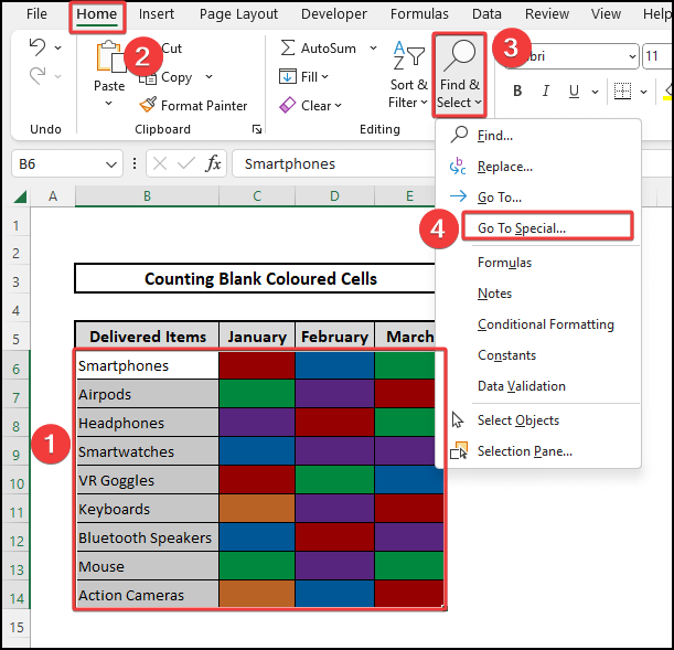 Find & Select feature to count blank colored cells